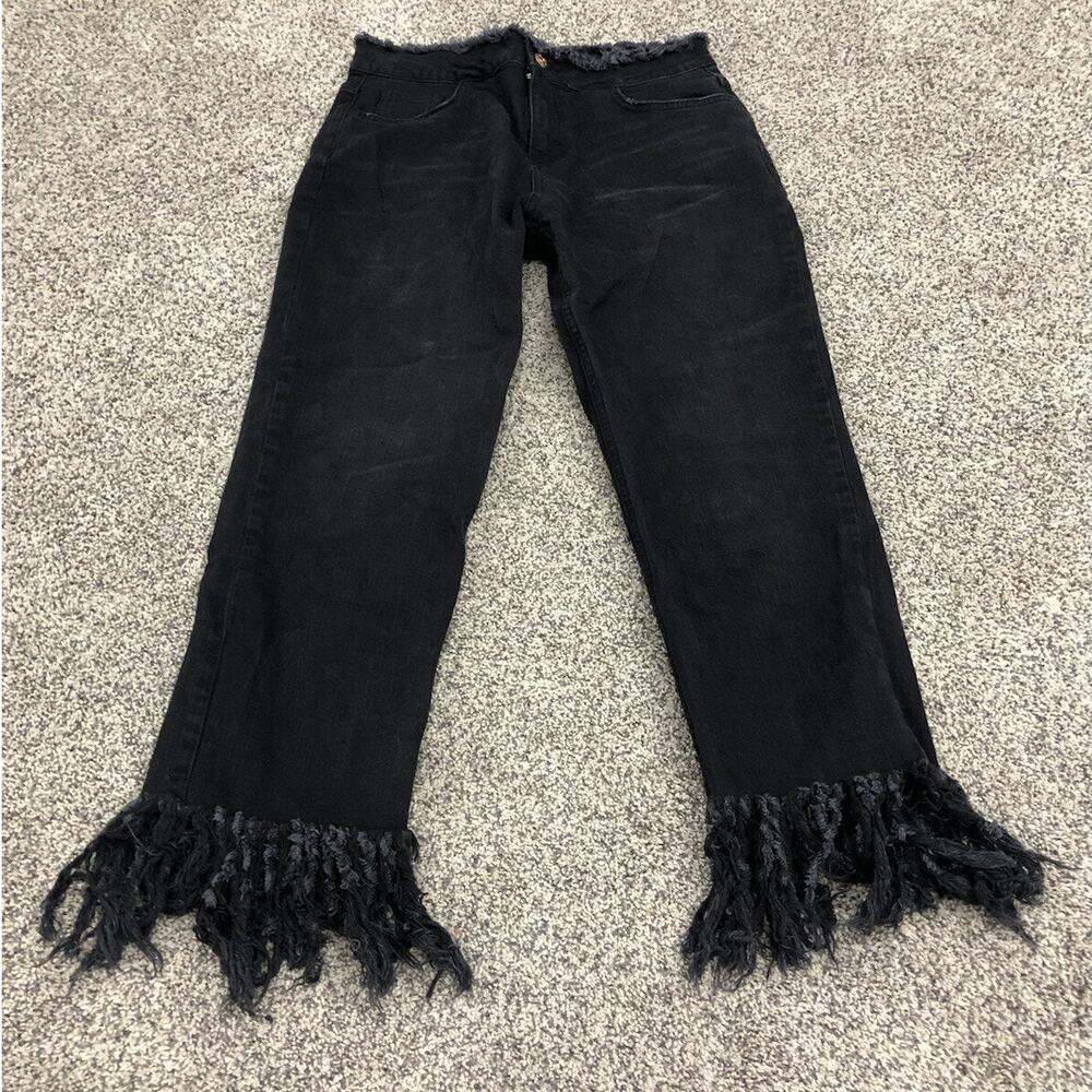 River Island Women’s 10 Denim Jeans Black Frayed Fringe Distressed Cropped O8